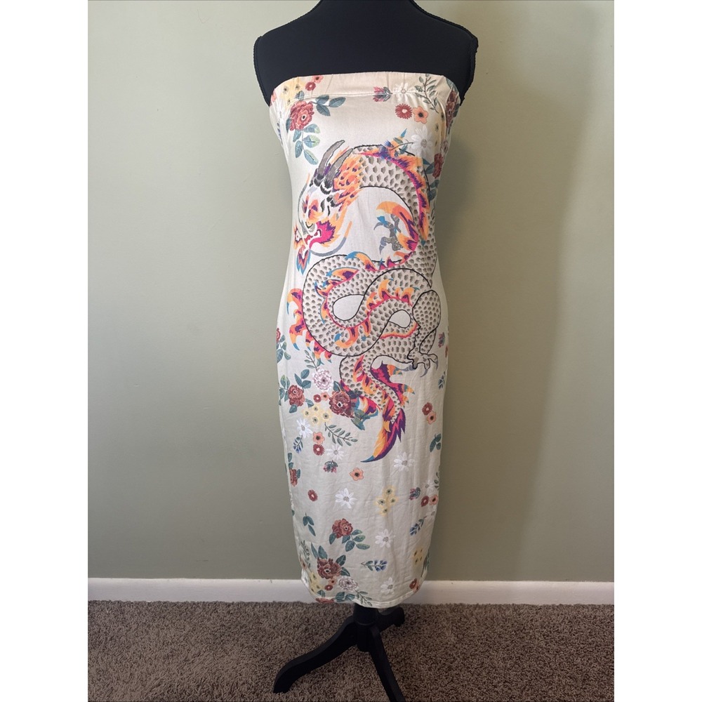 Miroh Dragon Print Strapless Midi Dress Womens Large Floral Boho Festival NEW